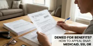 Pessoa revisando documentos de benefícios negados no Brasil em 2026