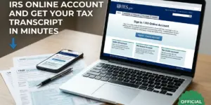 Espaço de trabalho com laptop mostrando site do IRS e formulários 1040