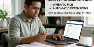 Homem verifica cartão de identificação na frente de laptop com site de rastreamento de caso.
