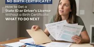 Mulher preocupada com documentos para ID sem certidão de nascimento