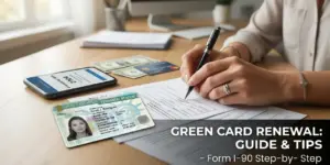 Escritório organizado com formulários de renovação de green card