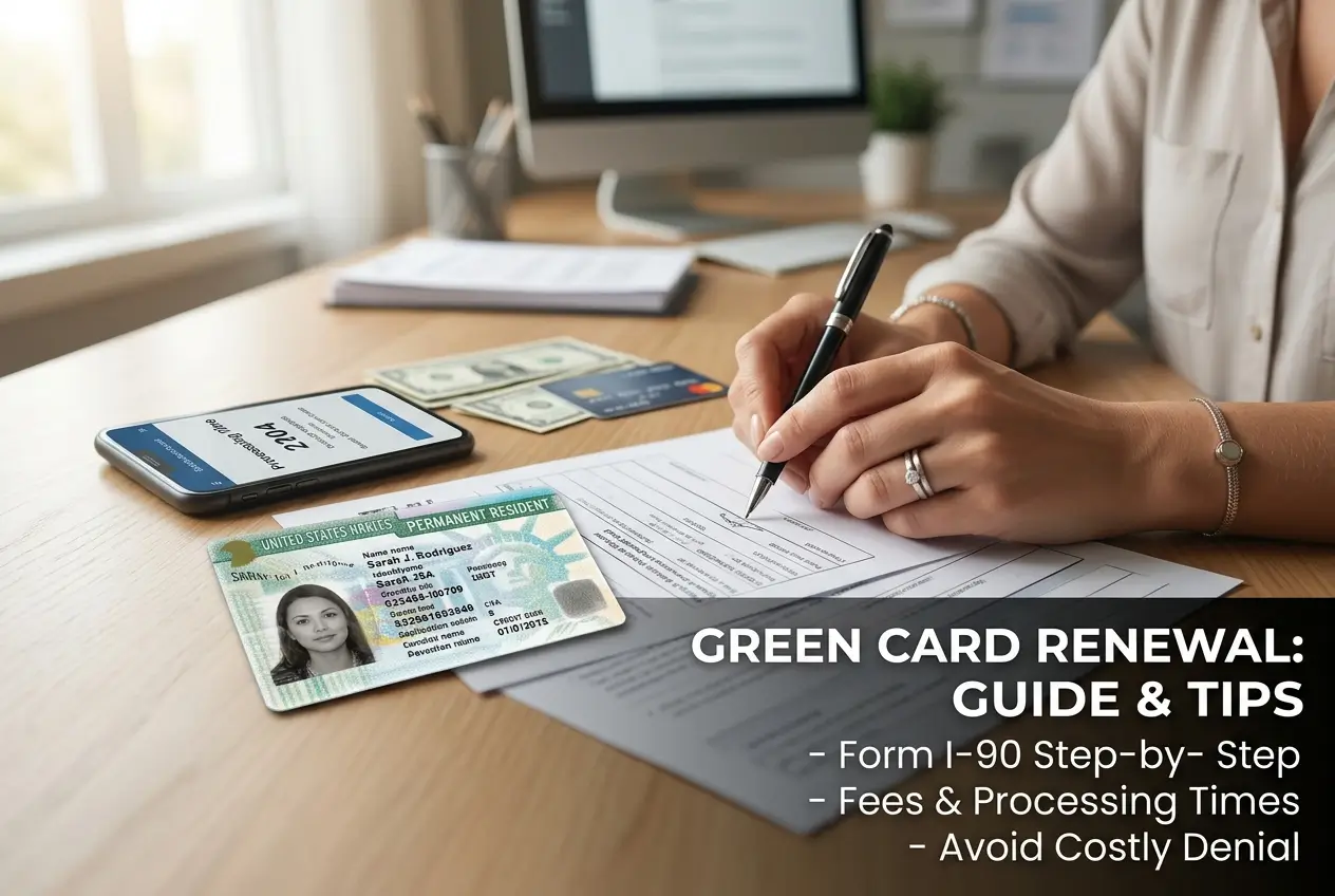 Escritório organizado com formulários de renovação de green card