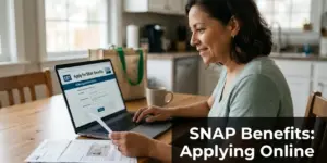 Mulher solicita benefícios SNAP online em 2026