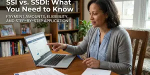 Mulher analisando documentos de SSI e SSDI em laptop