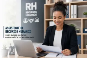 Mulher sorrindo em escritório moderno com gráfico RH Recursos Humanos