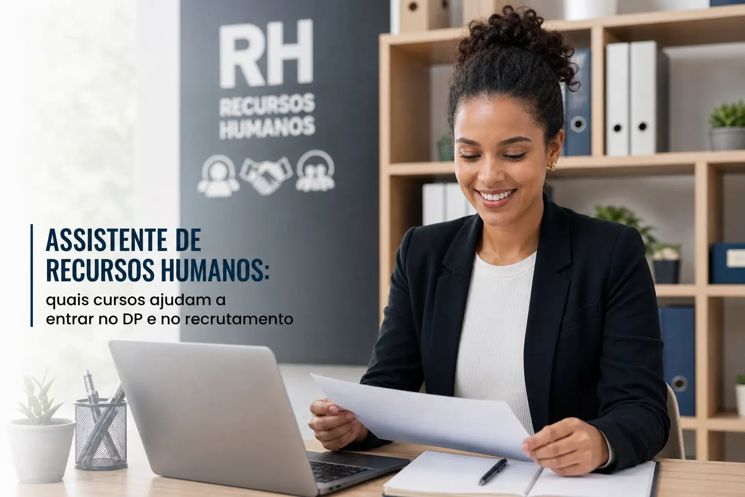 Mulher sorrindo em escritório moderno com gráfico RH Recursos Humanos