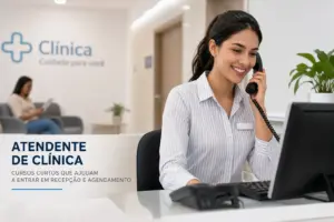 Recepcionista sorridente atende ao telefone em clínica, 2026