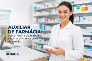Auxiliar de farmácia segurando caixa de medicamento em corredor