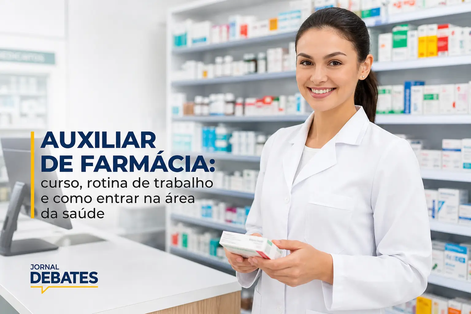 Auxiliar de farmácia segurando caixa de medicamento em corredor
