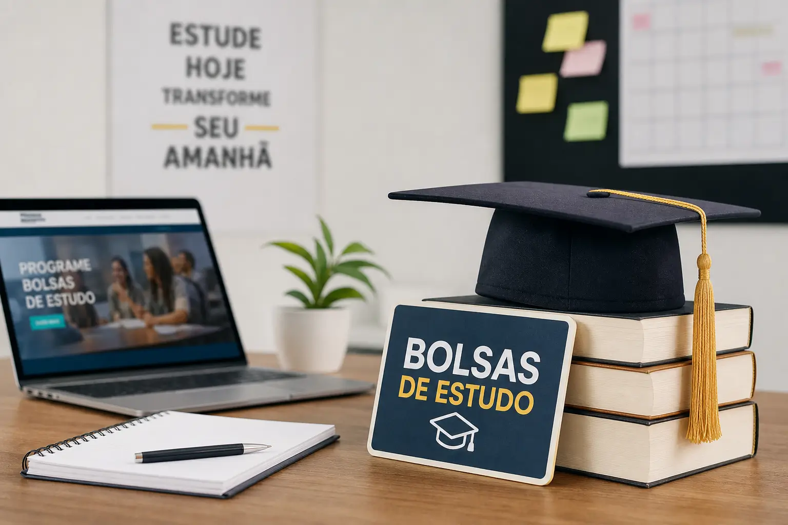 Capelo em livros de "BOLSAS DE ESTUDO" e laptop, educação 2026