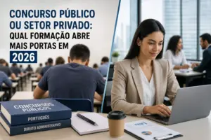 Pessoas em prova e mulher no escritório representando escolhas 2026