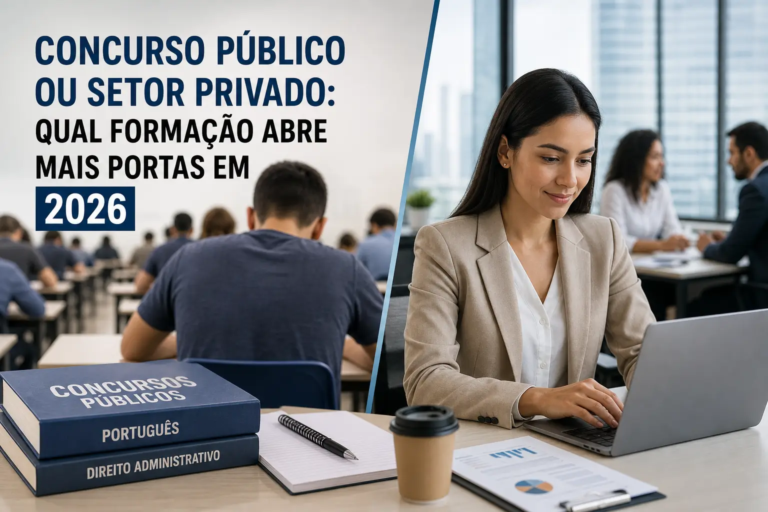 Pessoas em prova e mulher no escritório representando escolhas 2026