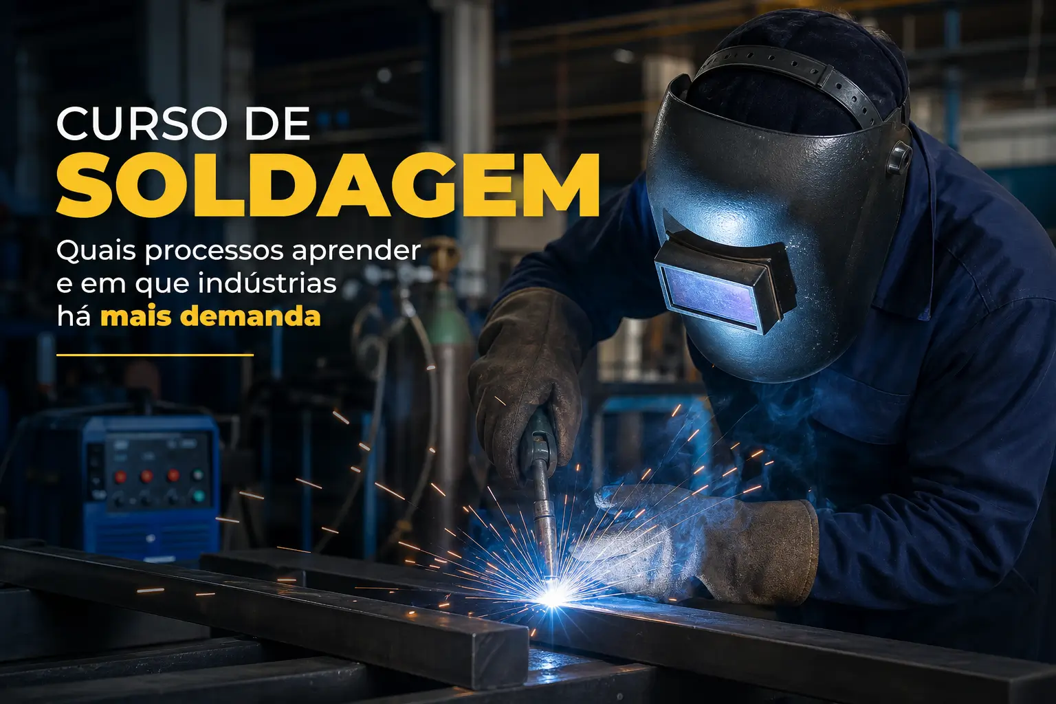 Soldador com capacete e luvas em estação de soldagem 2026