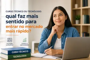 Mulher jovem escrevendo em um escritório com laptop e livros sobre educação financeira