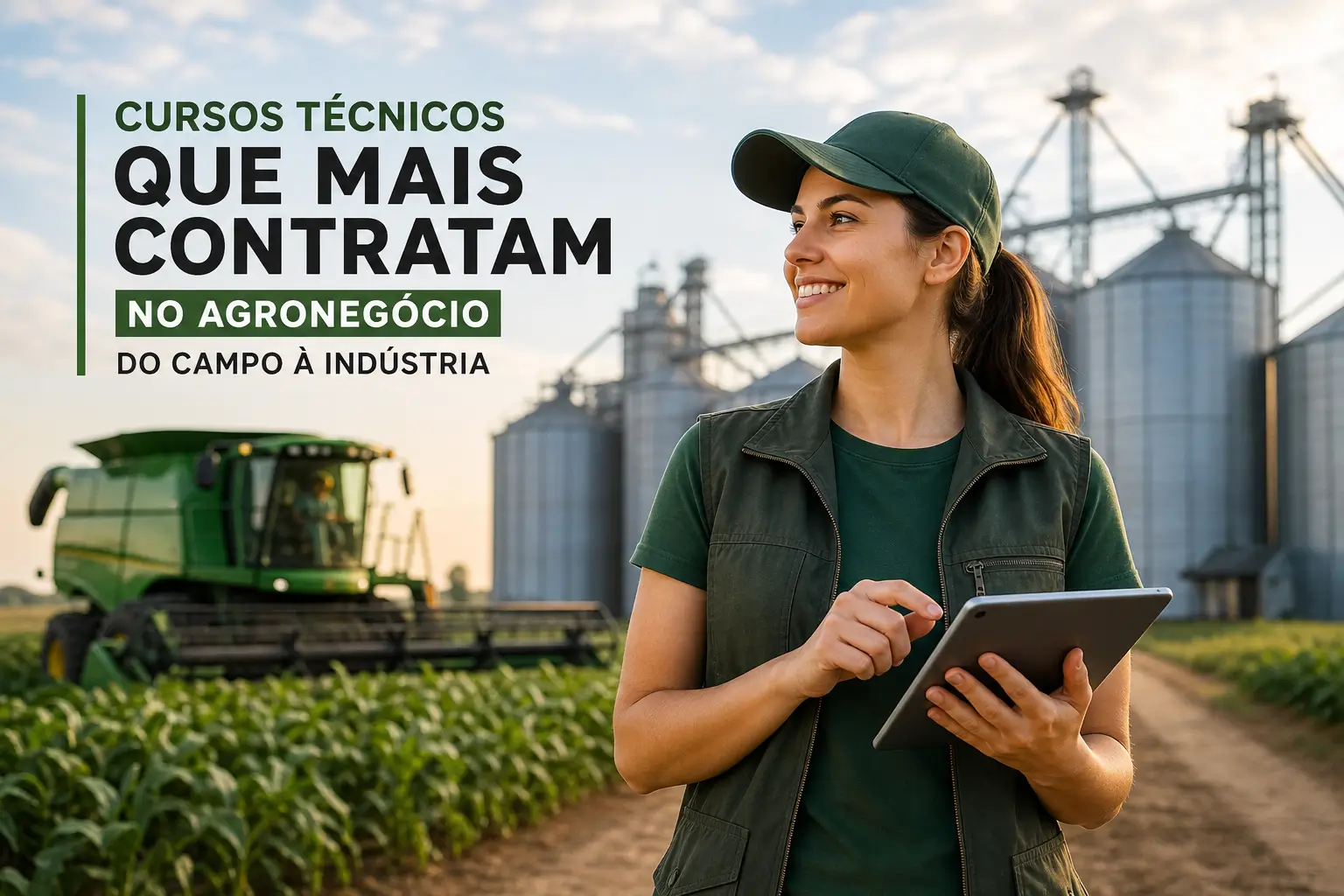 Trabalhadora rural com tablet em área agrícola, trator e silos