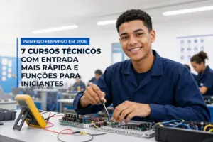 Jovem montando placa de circuitos com foco em 2026