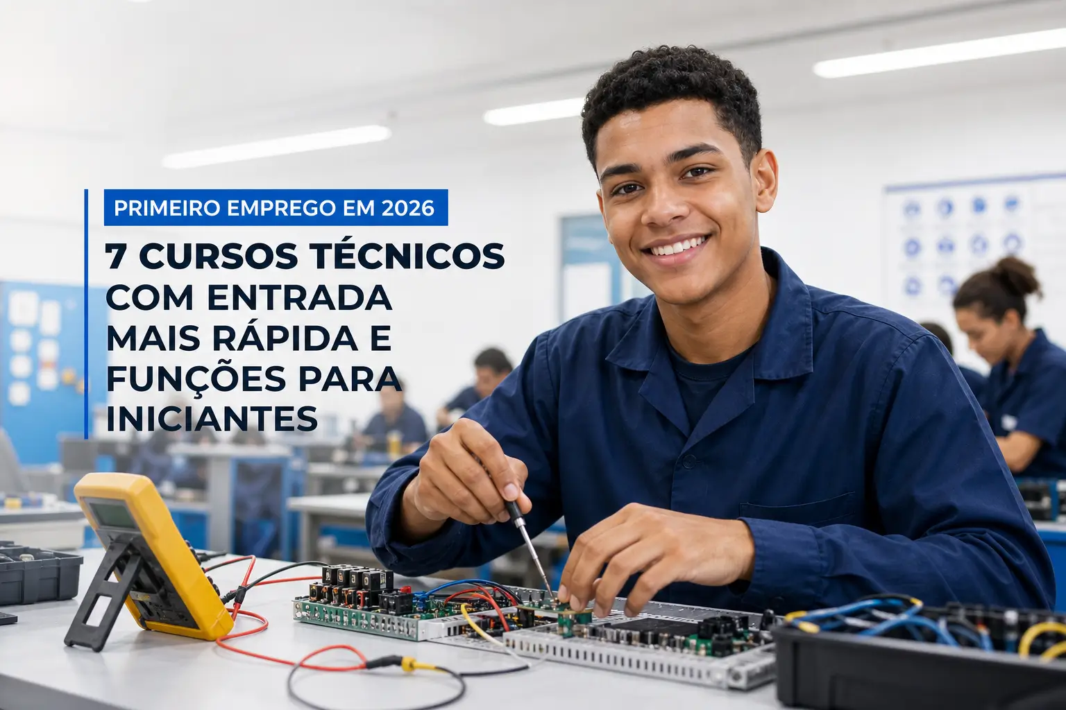 Jovem montando placa de circuitos com foco em 2026