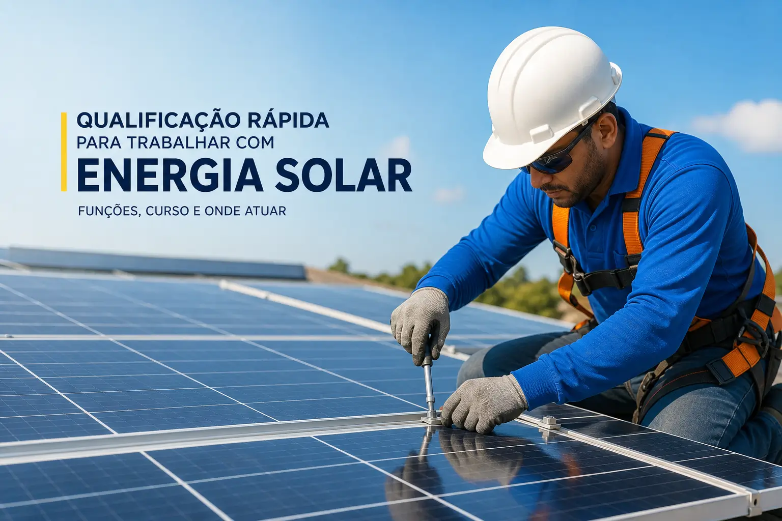 Homem instalando painéis solares, qualificação rápida 2026