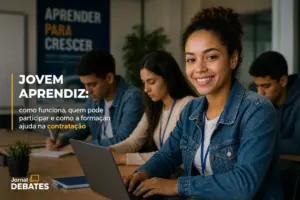 Jovem sorrindo em treinamento, notebook, painel 'Aprender para Crescer'
