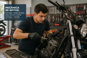 Mecânico consertando moto em oficina, ferramentas ao fundo