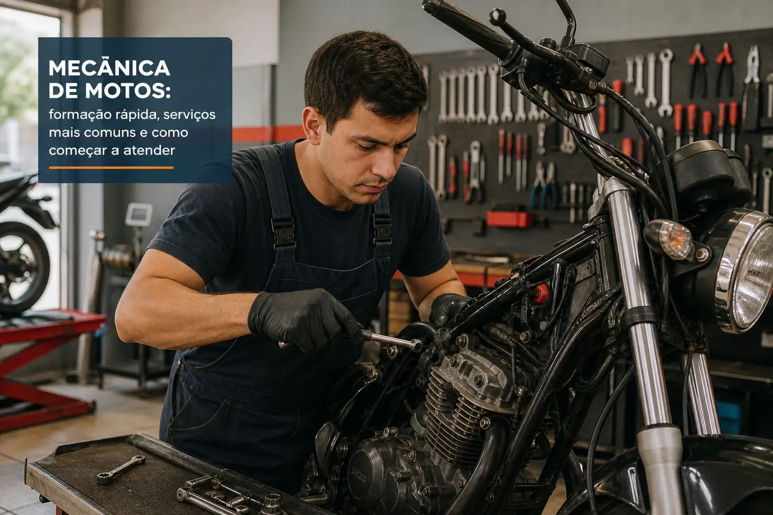 Mecânico consertando moto em oficina, ferramentas ao fundo