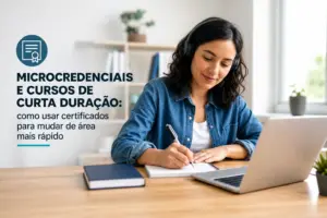 Mulher estudando educação financeira em 2026 com laptop