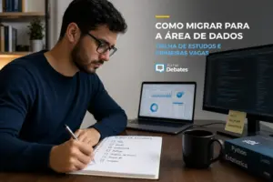 Jovem escrevendo sobre dados e TI em escritório