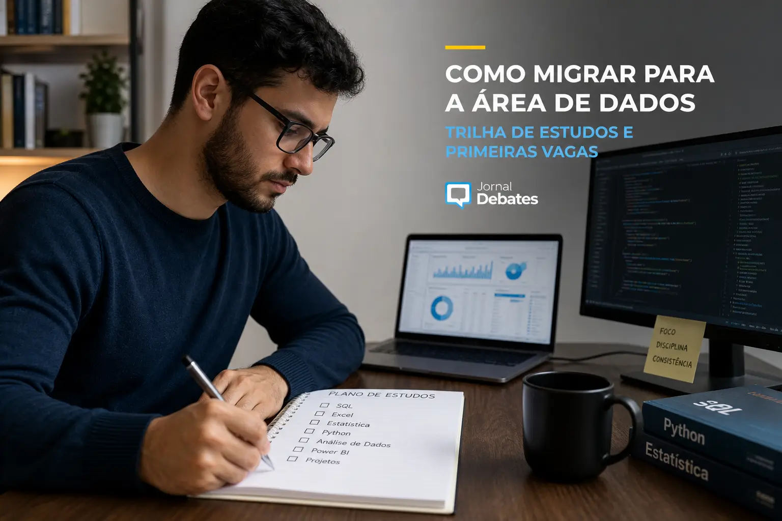 Jovem escrevendo sobre dados e TI em escritório