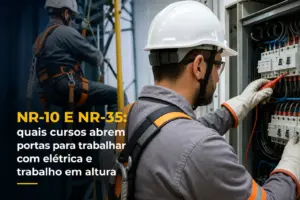 Eletricista em instalação industrial com quadro de disjuntores NR-10 e NR-35