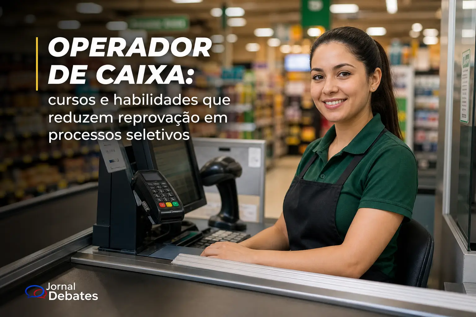 Operador de caixa sorridente em terminal de pagamento com texto sobre cursos