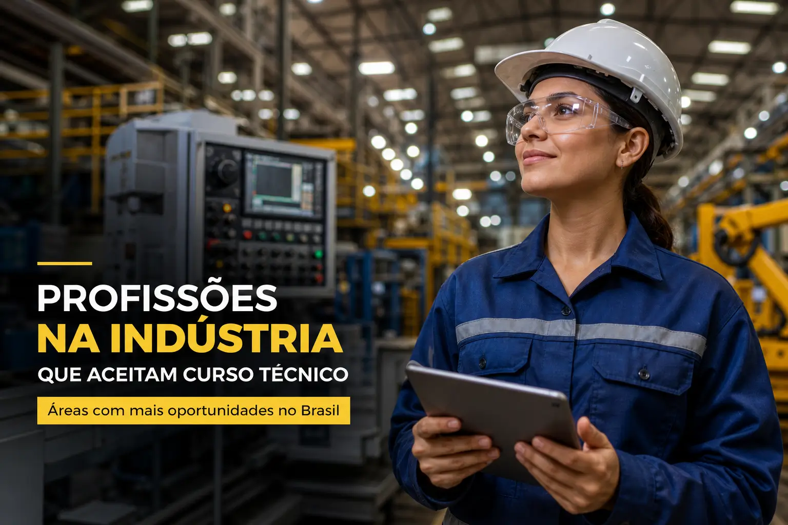 Mulher engenheira com capacete segurando tablet em fábrica