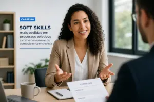 Mulher em entrevista de emprego discutindo soft skills 2026