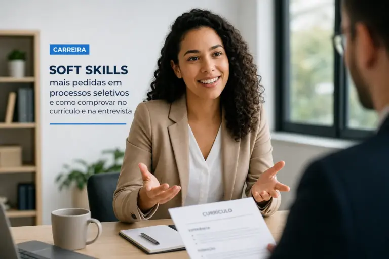 Mulher em entrevista de emprego discutindo soft skills 2026