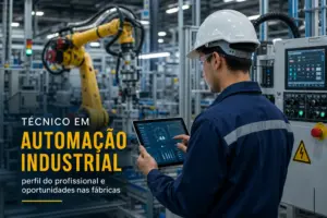 Técnico opera tablet em fábrica com robô ao fundo