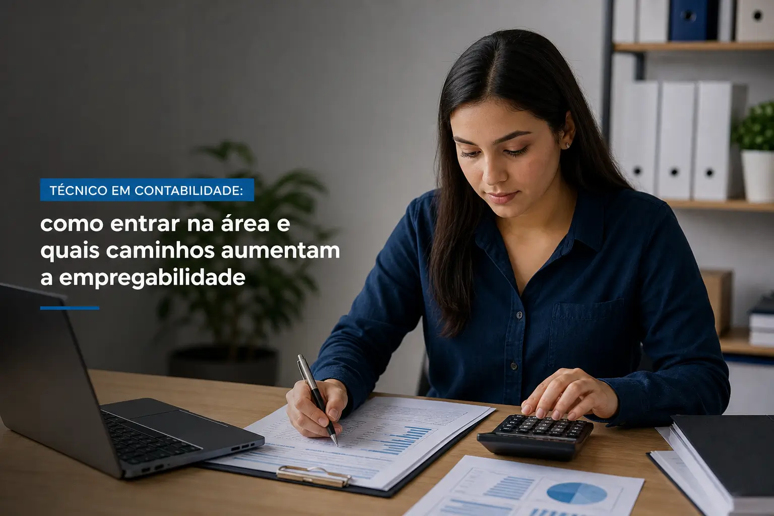 Mulher com laptop e papelada revisa gráfico contábil