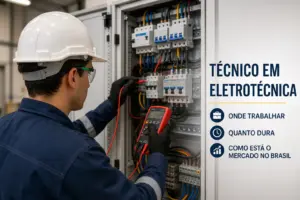 Técnico em eletrotécnica inspecionando painel elétrico em 2026