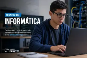 Técnico em informática usando notebook em ambiente de TI