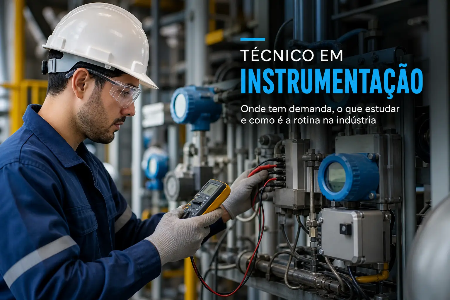 Técnico em instrumentação ajustando painel industrial 2026
