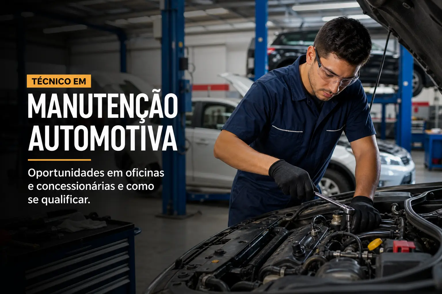 Mecânico brasileiro 2026 ajustando carro em oficina automotiva