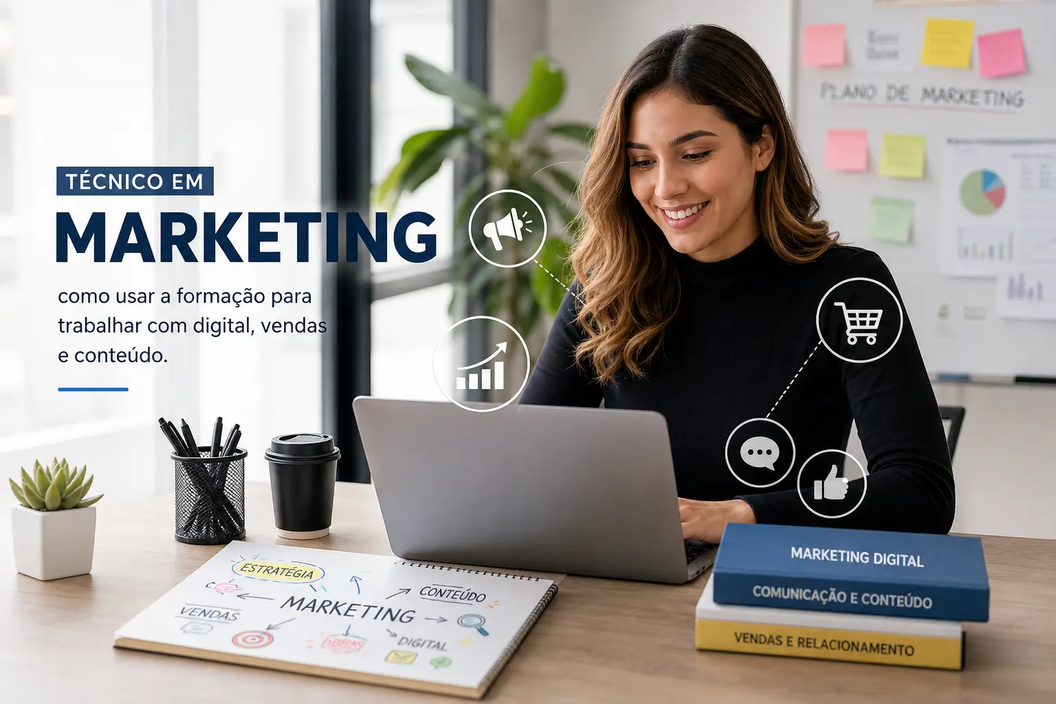 Mulher sorrindo no escritório com gráfico promocional de marketing para 2026