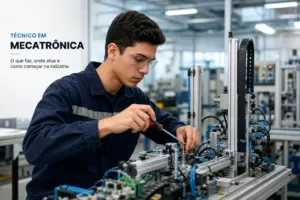 Jovem técnico em mecatrônica ajustando componente industrial