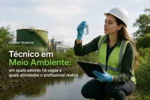Mulher em capacete e colete coleta amostra no rio