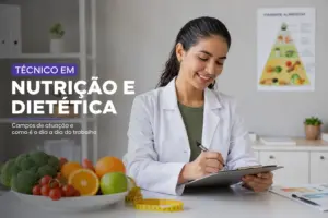 Nutricionista sorrindo anotando diante de frutas e utensílios