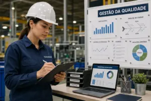 Engenheira de qualidade com capacete analisando gráficos na fábrica