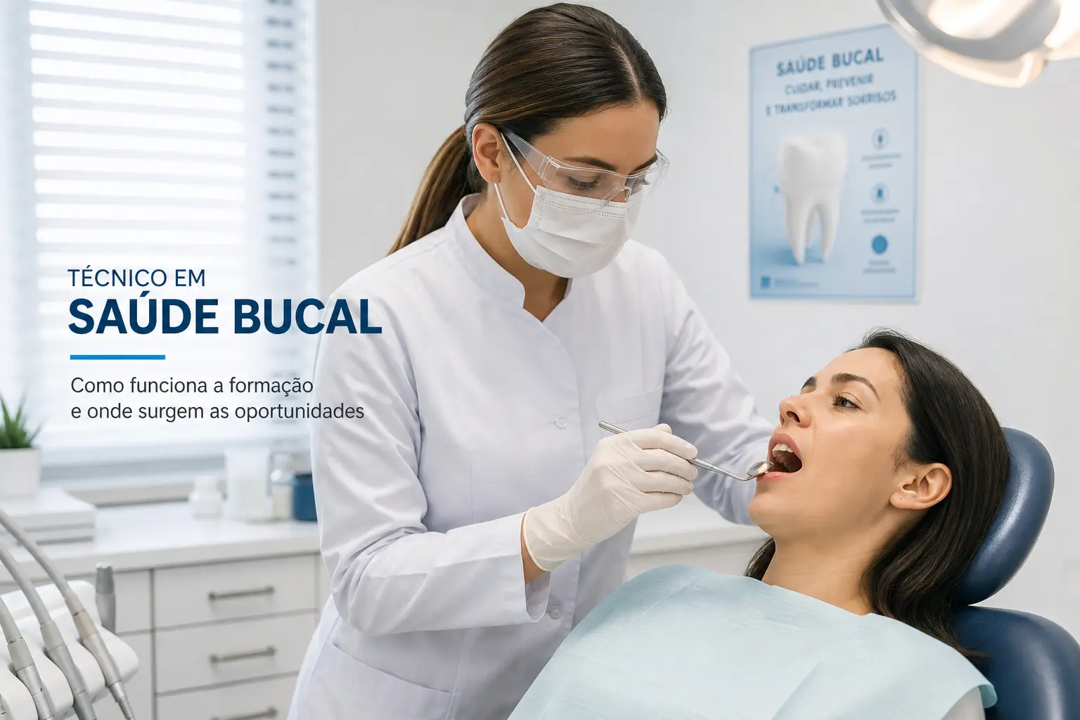 Técnico em saúde bucal examinando paciente na cadeira dental