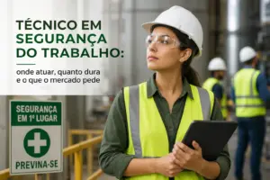 Engenheira de segurança com capacete e prancheta em obra