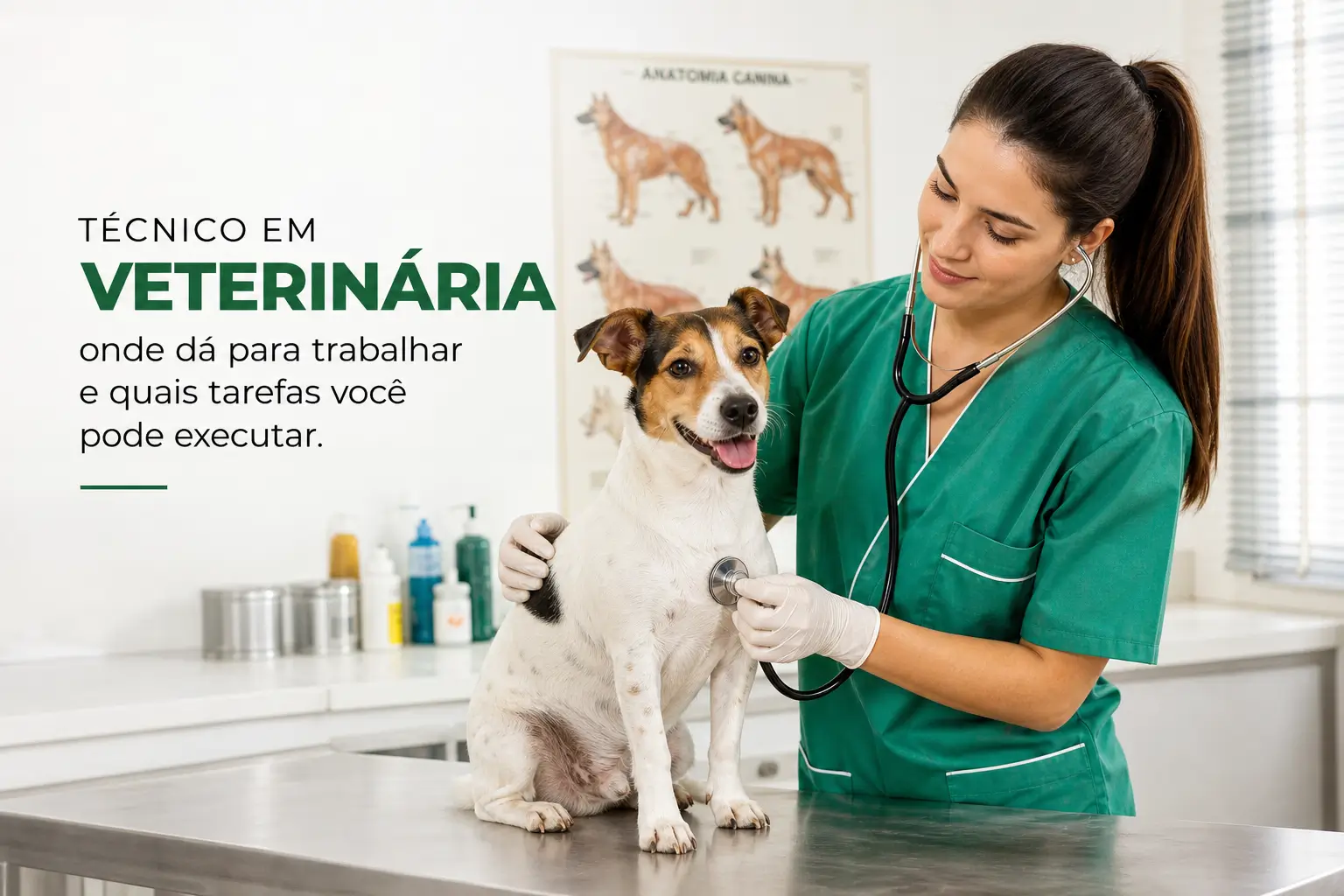 Veterinária técnica examinando cachorro em consultório 2026